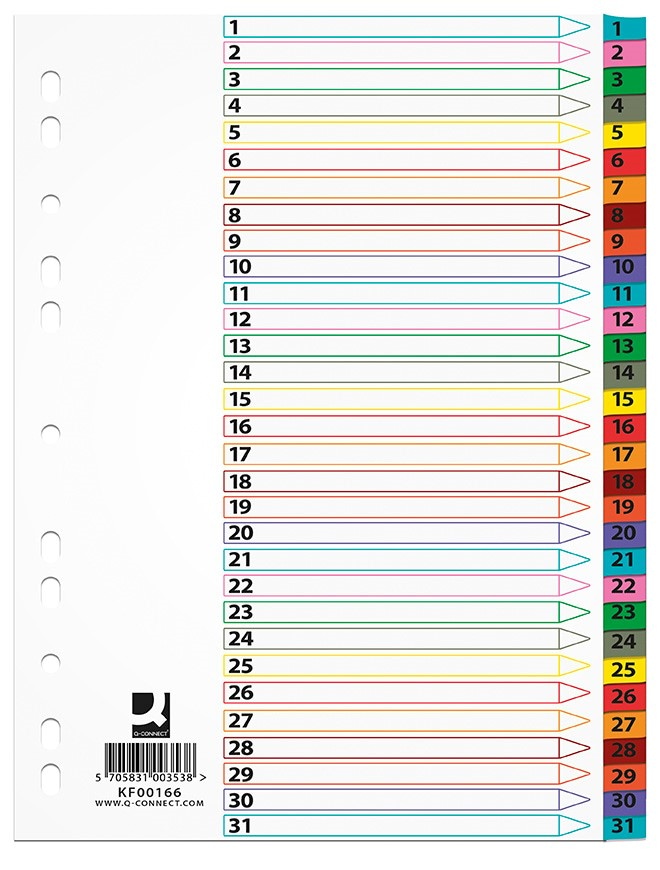Przekładki Q-CONNECT Mylar, karton, A4, 225x297mm, 1-31, 31 kart, lam. indeks, mix kolorów