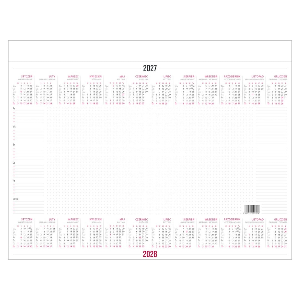 Kalendarz Biurkowy - BIUWAR MAŁY - 52 kartki - B3 ( 480x340 mm) bez listwy na 2027/2028