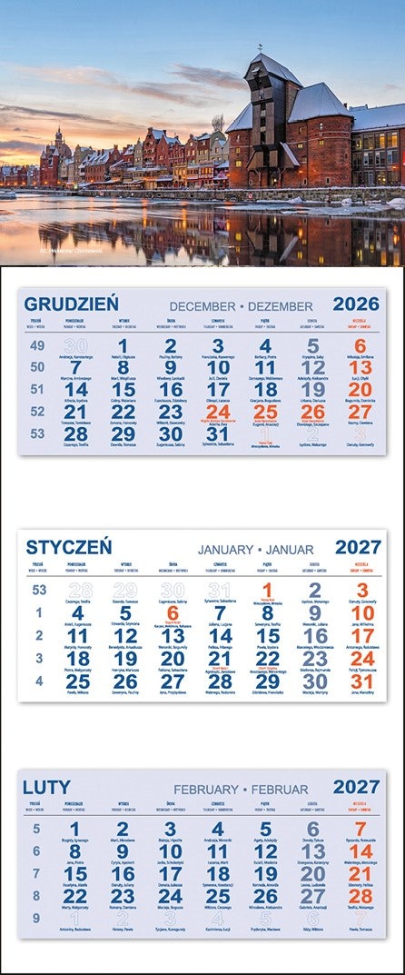 Kalendarz Trójdzielny 2027 GDAŃSK ŻURAW ZIMA