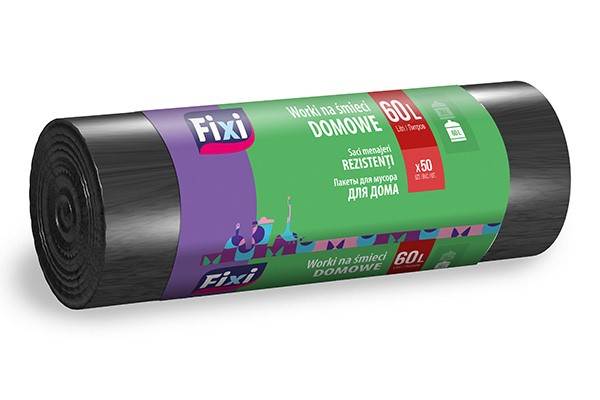 Worki na śmieci domowe FIXI, 60 l, 50 szt., czarne