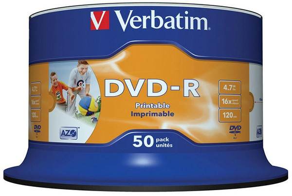 Płyta DVD-R VERBATIM AZO, 4,7GB, prędkość 16x, cake, 50szt., do nadruku