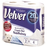 Ręczniki w roli celulozowe VELVET Najdłuższy, 2-warstwowe, 90 listków, 2szt., białe
